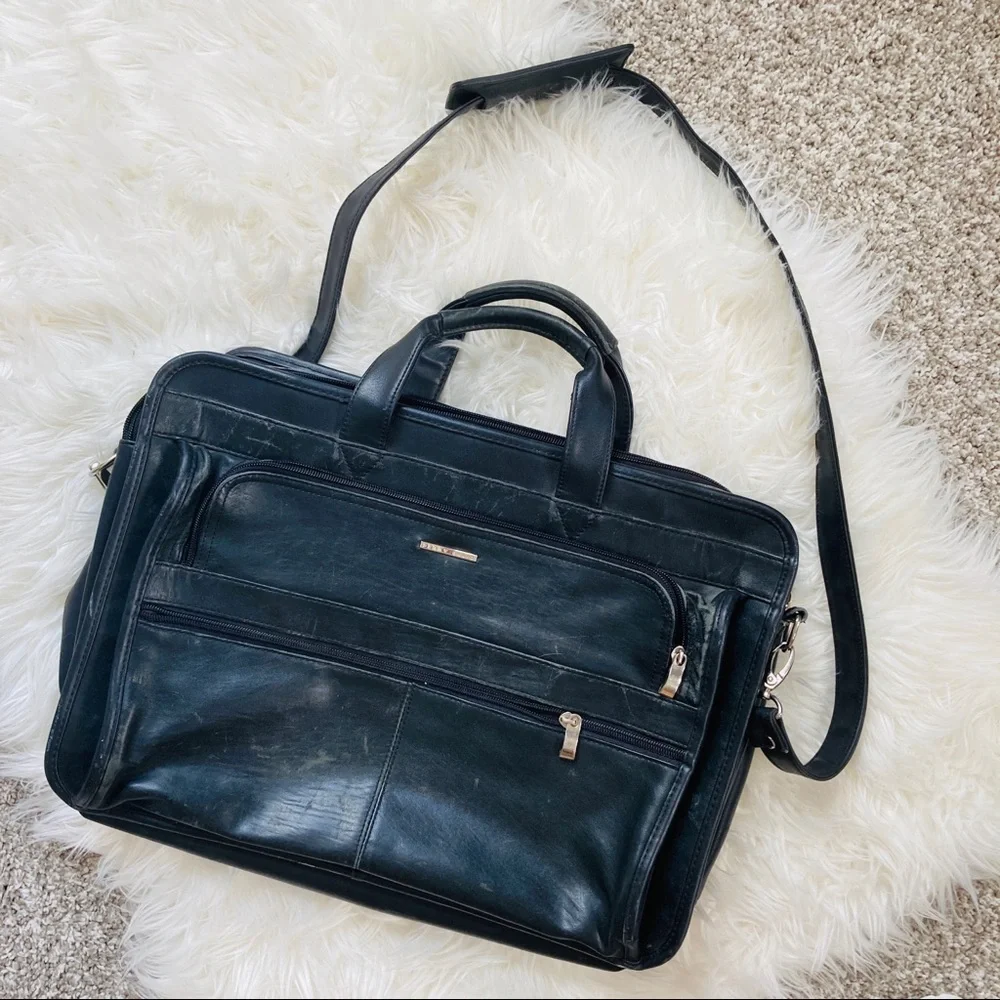 Vintage Perry Ellis Genuine Leather Briefcase Black Laptop Bag